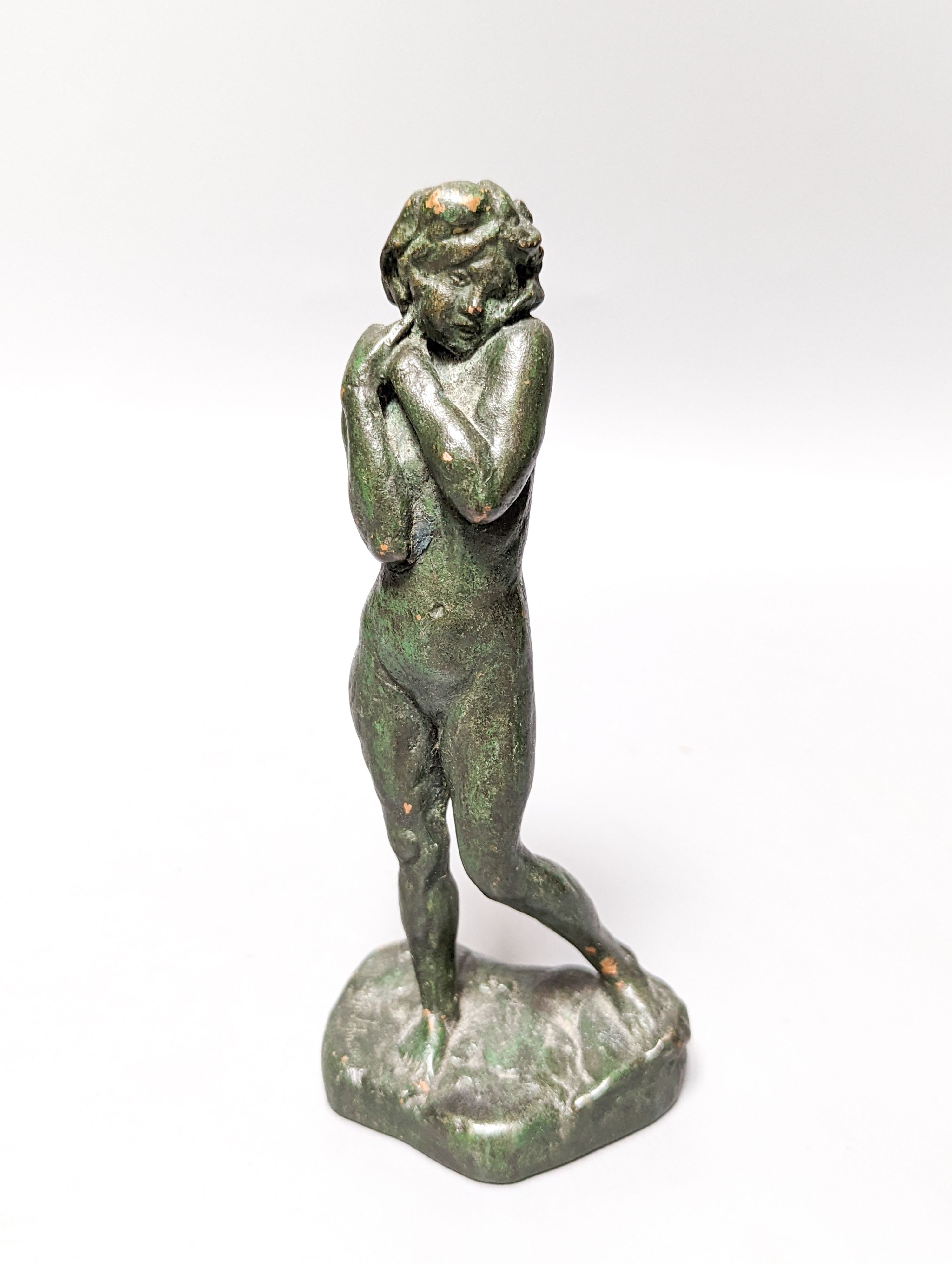 A WMF pewter teapot, an early 20th century bronze of Venus with dolphin, 2 other figures and a WMF style figural desk stand 36cm